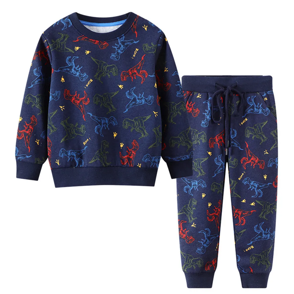 Kids Clothing Set Dinosaurs Print Hooded Sweatpants Suit For Boys Girls