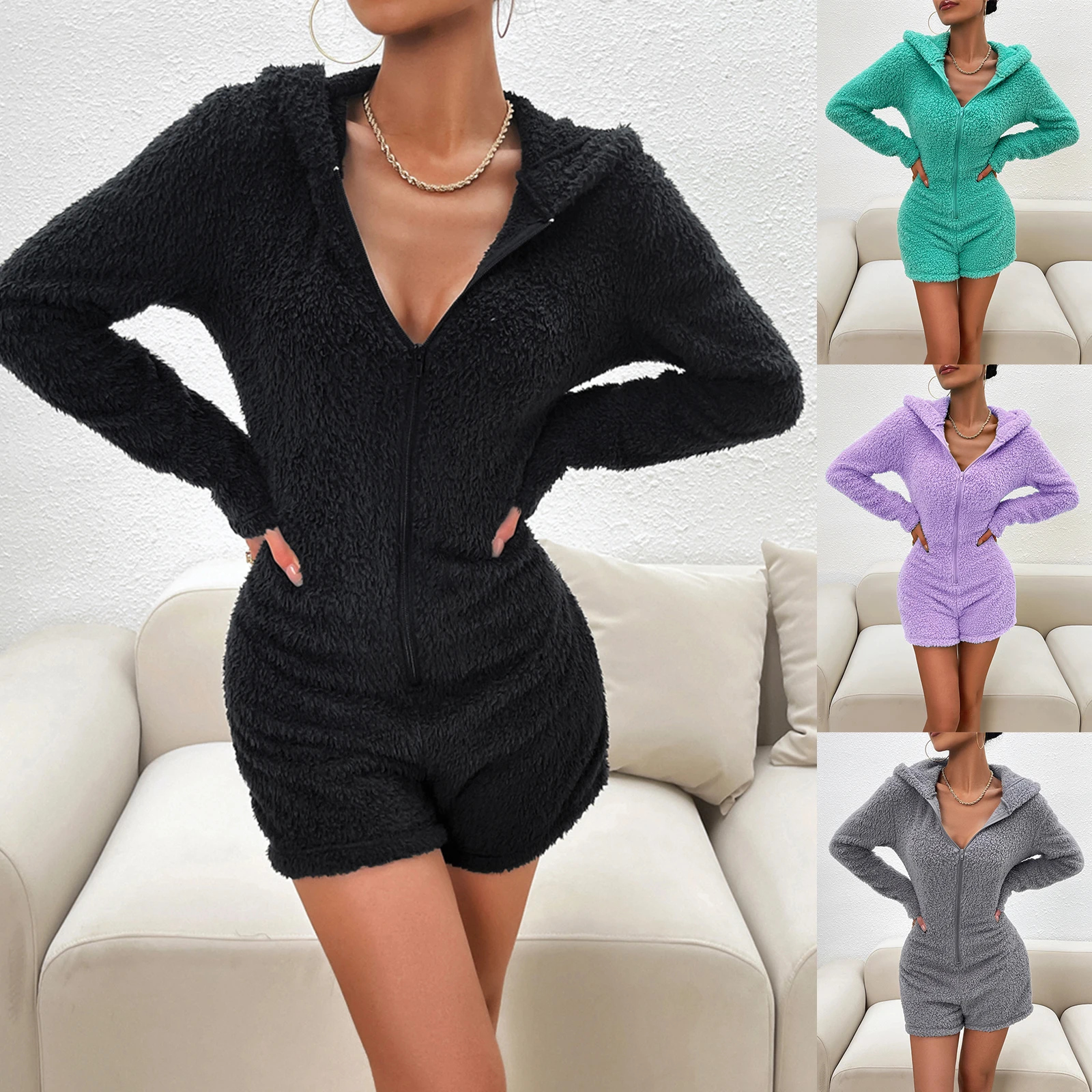 

Women's Sherpa Fleece Pajamas Playsuits Solid Color Long Sleeve Warm Rompers Sleepwear Zipper Hooded Short Jumpsuit Loungewear