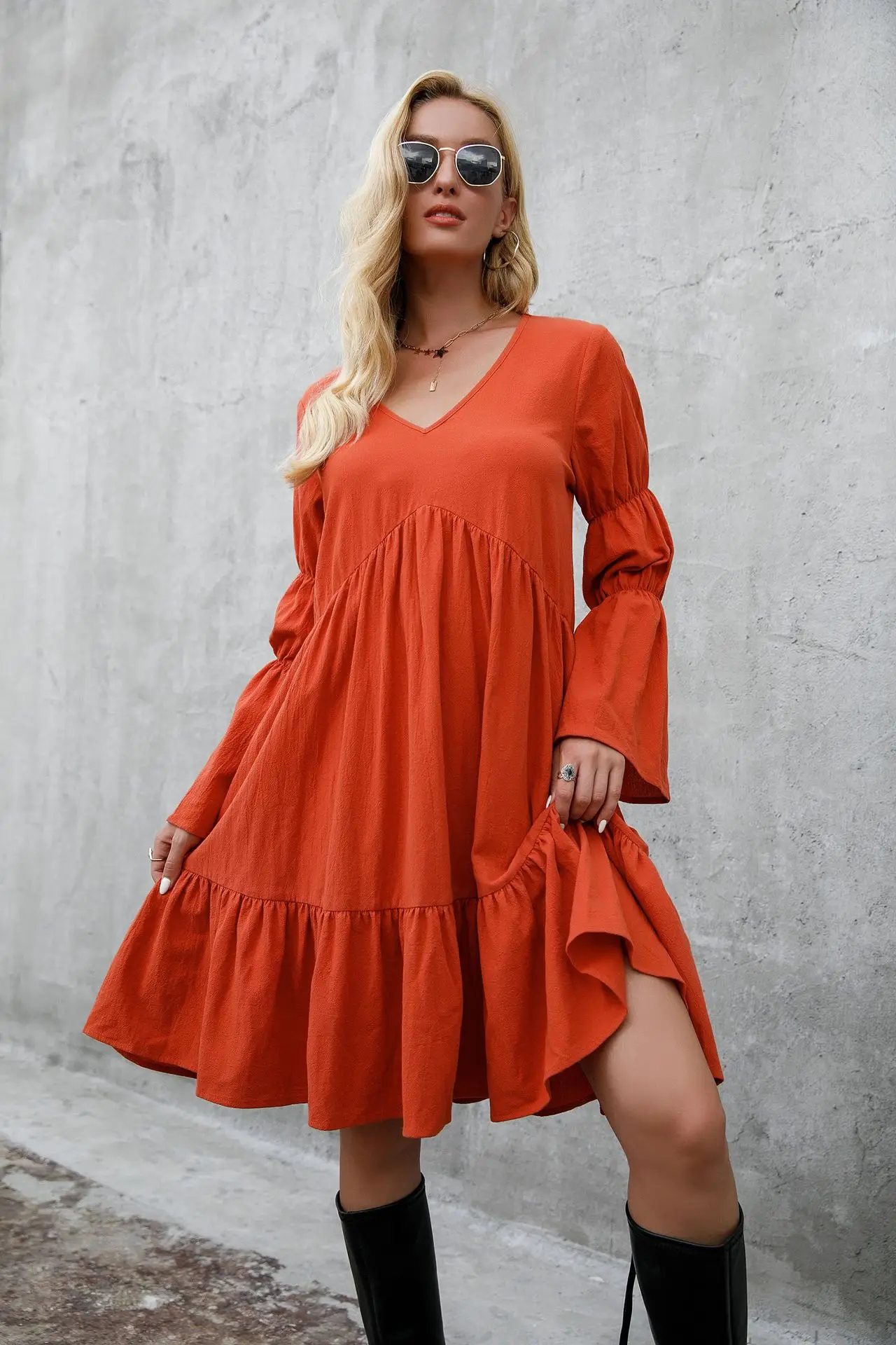 swim suit coverups UNISUIT Women's Summer Bohemian Solid Color Dress Large Swing Ruffle V-neck Long Sleeve Dress Short Skirt bikini cover up