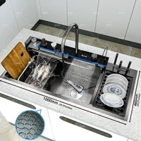 น้ําตกอ่างล้างจานสแตนเลสมัลติฟังก์ชั่จอแสดงผลดิจิตอลก๊อกน้ําล้างจานและผักอ่างล้างหน้าขนาดใหญ่ช่องเดียว 6