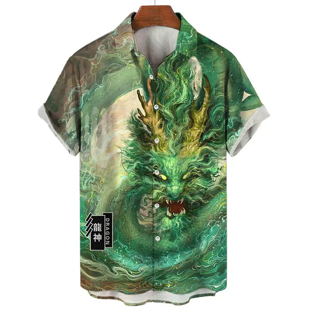 Chinese Mythology Dragon Print Summer Men's Casual Short-sleeved Shirt Street Hip-hop Trend Tops Oversized T-shirt Size S-5XL 3