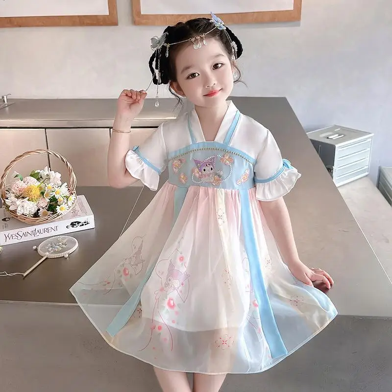 

Sanrios Kuromi Kid Cotton Dress Cartoon Summer Chinese Ancient Style Hanfu Skirt Anime Fresh Sweet Princess Dress Cute Girl Gift