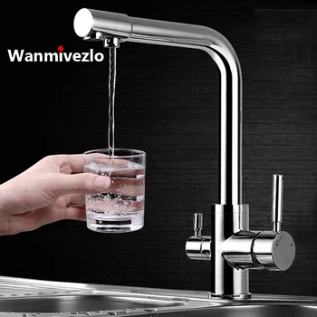 Rubinetto da cucina con filtro Rubinetto da cucina con acqua pura potabile cromata Montaggio su piano Doppia maniglia Miscelatore acqua calda e fredda a 3 vie 1