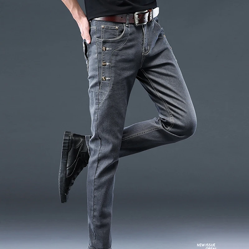 Casual Pants Slim Small Leg Long Men Denim Jeans Korean Version Trendy New Brand High Quality Grey Stretch Fashion Trousers 3