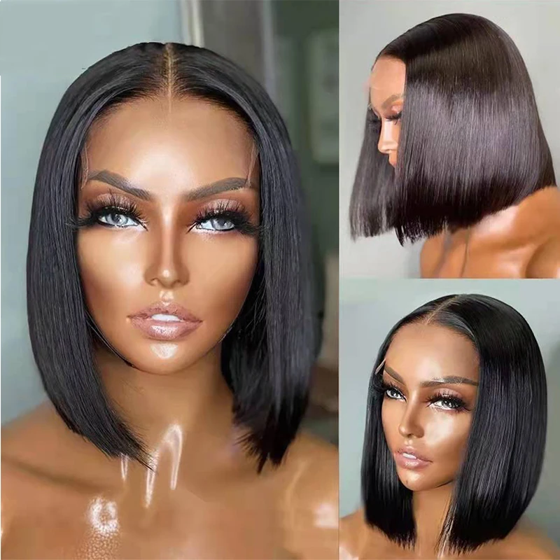

Short Bob Soft 180% Density Straight Natural Black Pre Plucked Lace Front Wigs For Women with Baby Hair Glueless Daily Cosplay