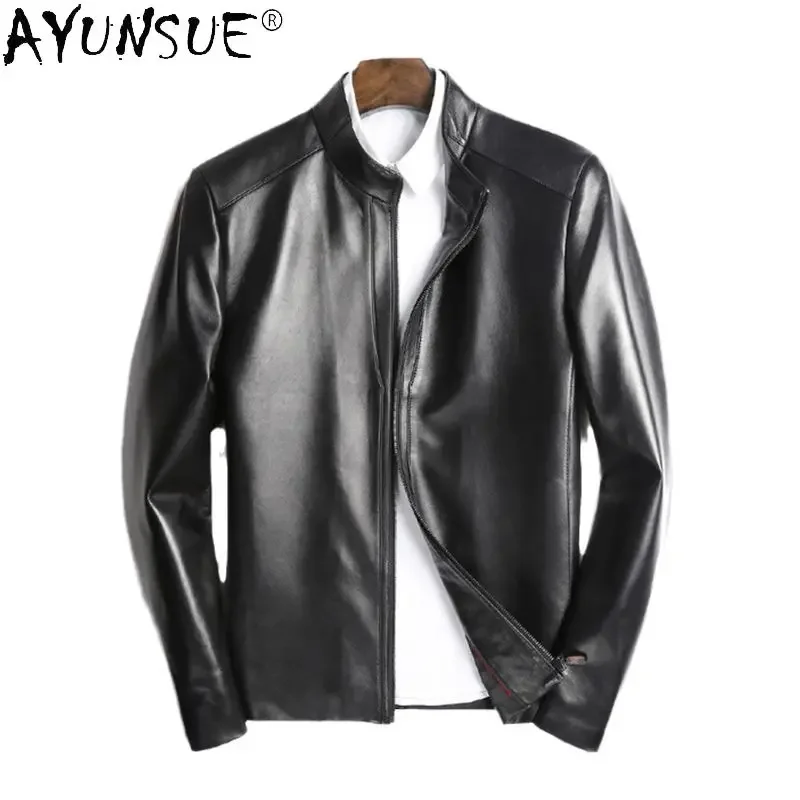 Fashion Men Leather Jacket Casaul Slim Stand Collar Real Sheepskin Coat Spring Men's Clothing Biker Coats and Jackets WPY3350