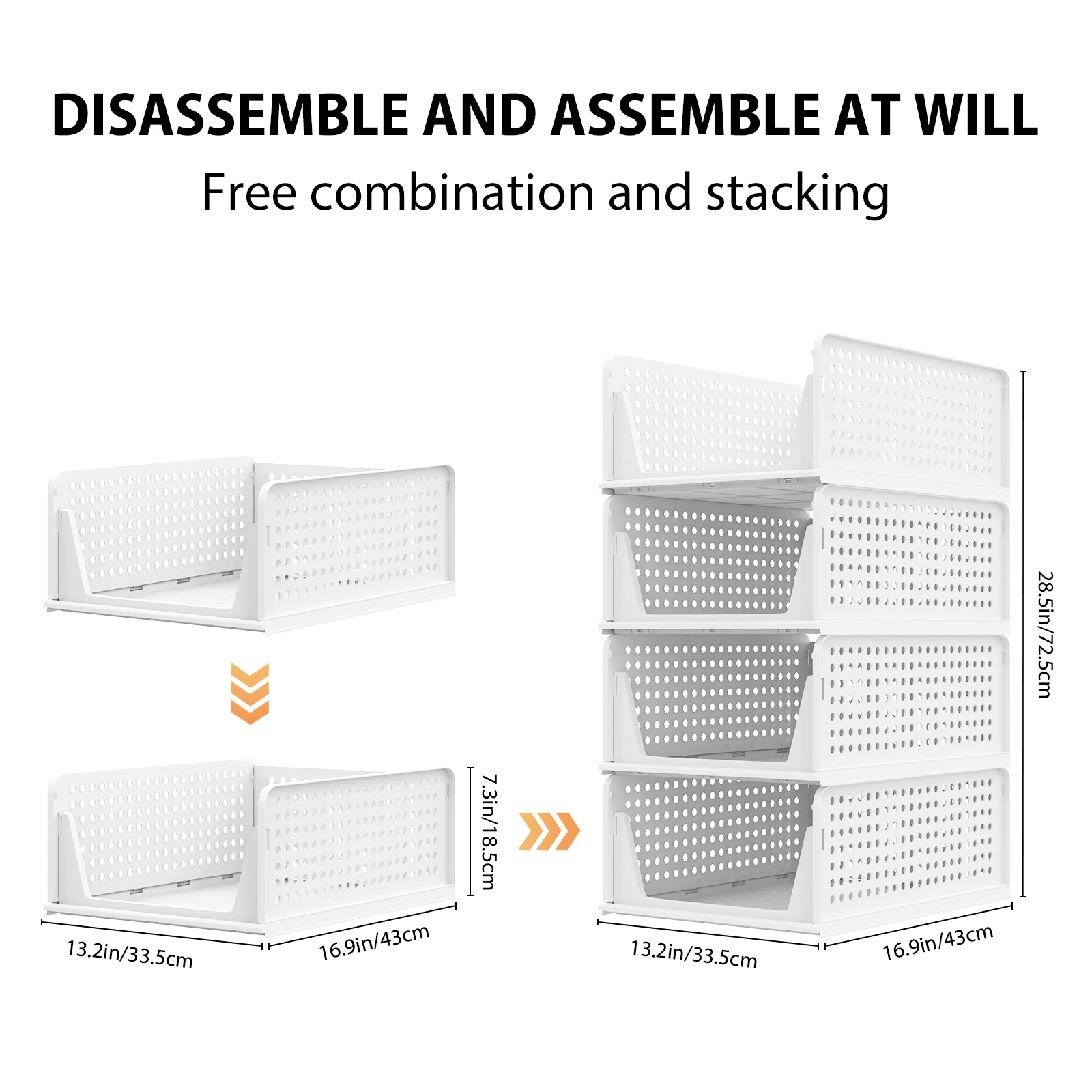 Wardrobe storage organiser specifications showing dimensions and stackable configuration