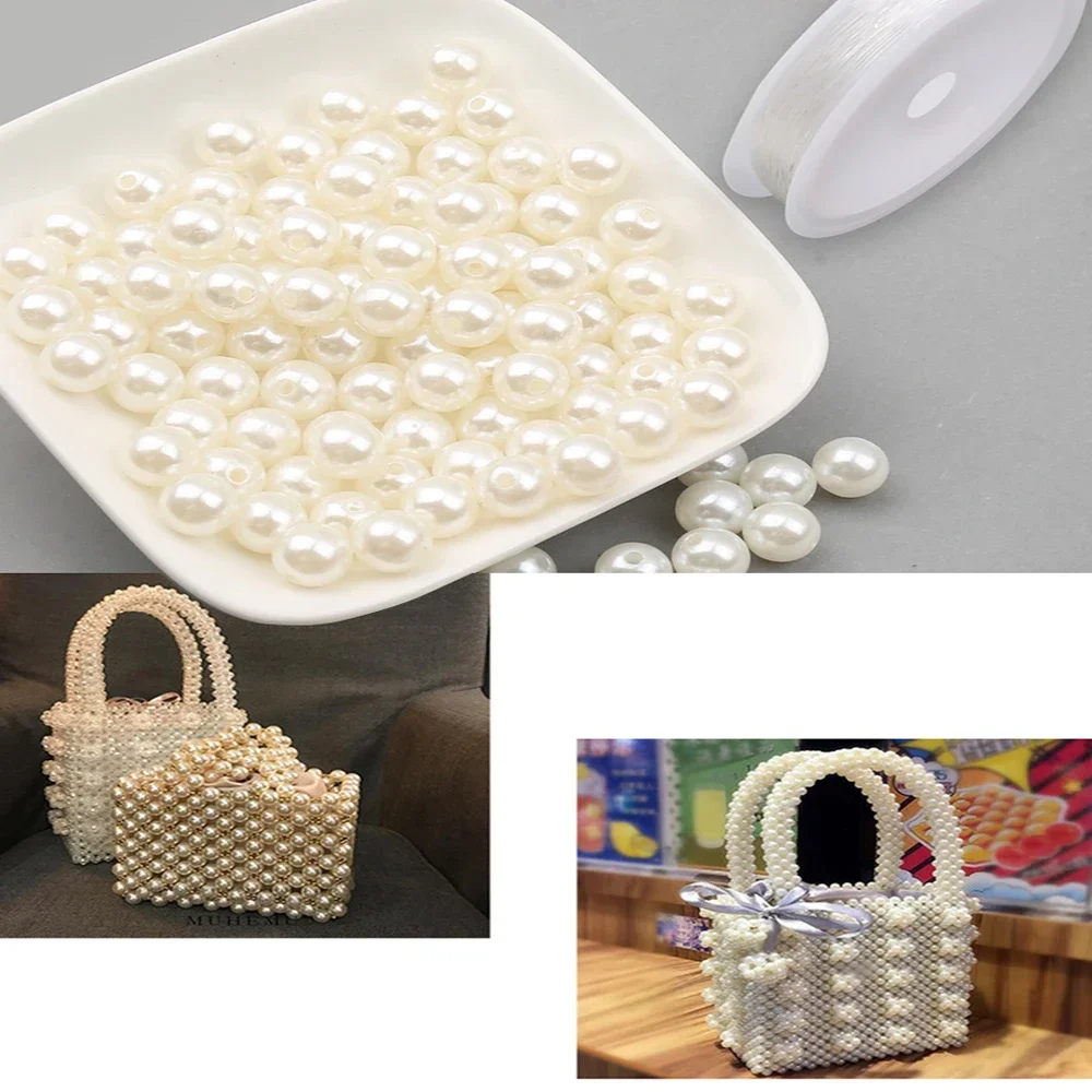 Holed Round Plastic Bead 500g/pack 4/6/810/12mm ABS Imitation Pearl Beads with Elastic Thread for DIY Decoration Bags Garment