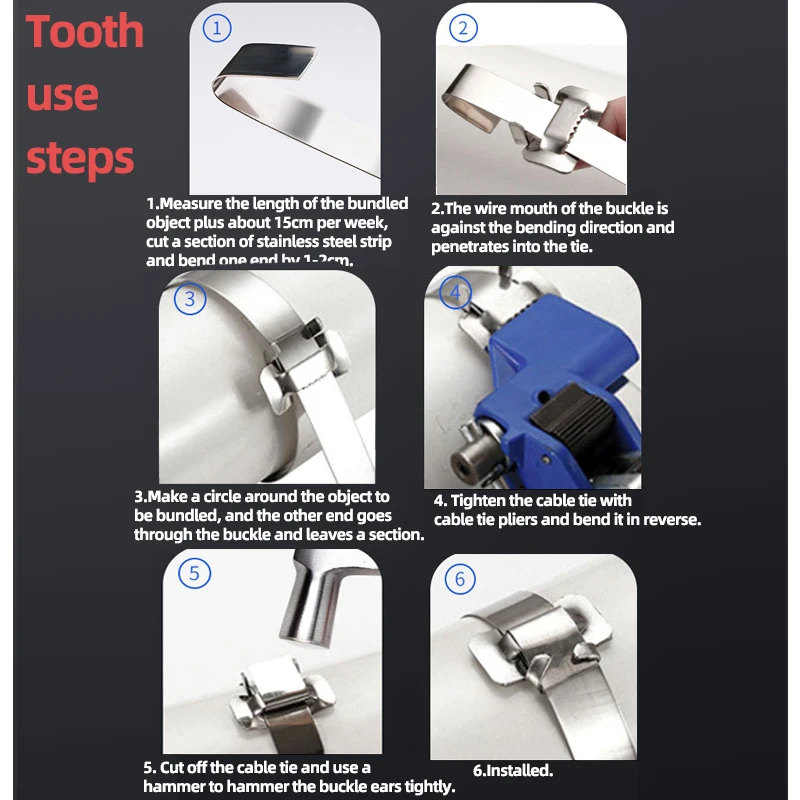 Description Picture 6 of item100PCS 6.4/10/12/16/19mm Stainless Steel Cable Ties Self-Locking Pipe Clip Buckle Connector Tube Packing Industrial Pipeline
