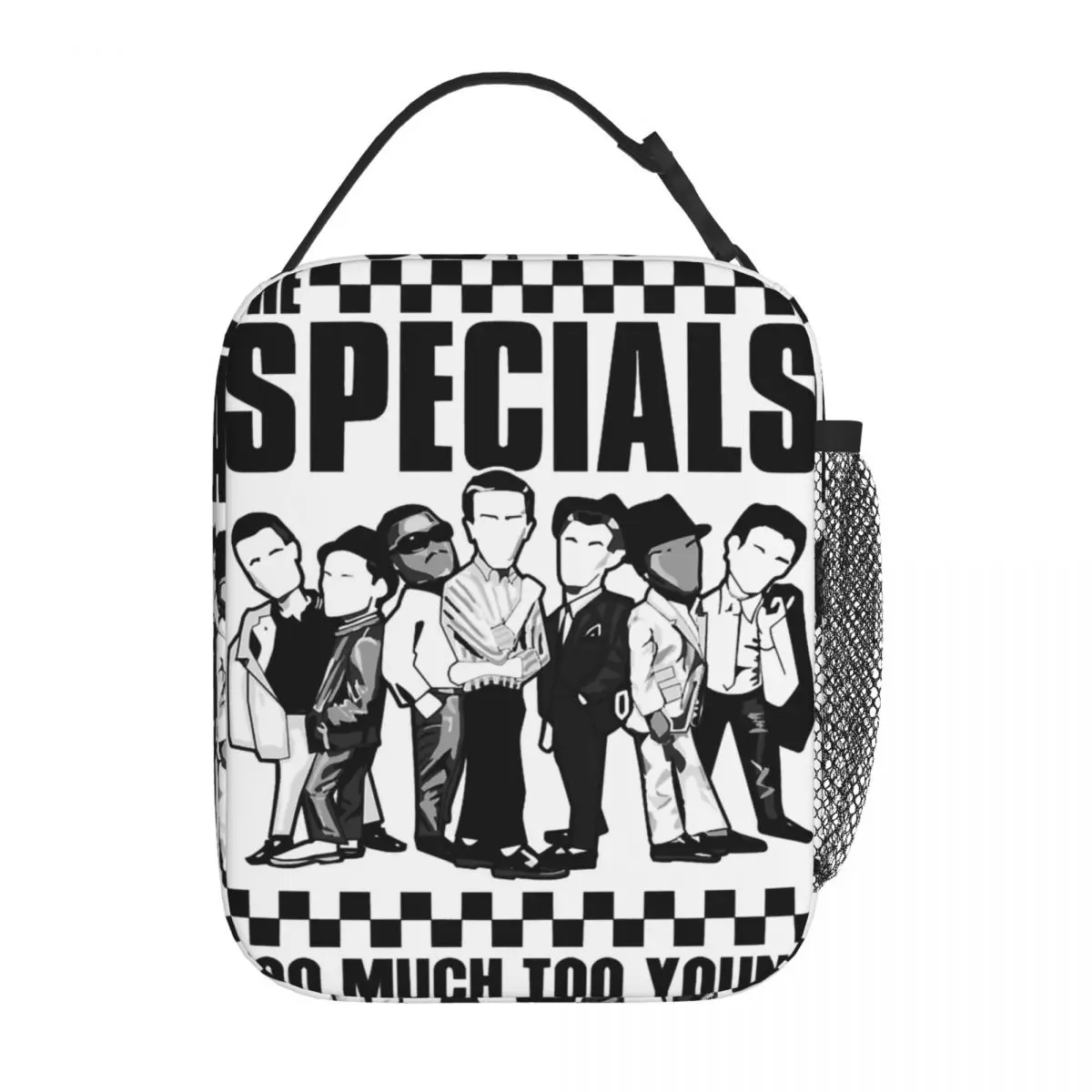 Bolsa de almuerzo portátil con estampado de ska y música rock de dos tonos, ideal para el trabajo, 2 Much 2 Young