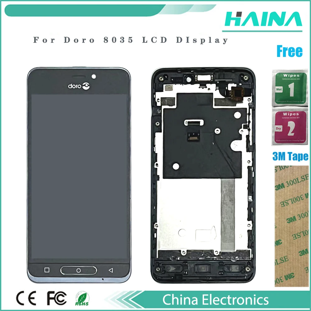 

Frame And Touch For Doro 8035 LCD Display With Touch Screen Digitizer Assembly Black Color With 3M Tape
