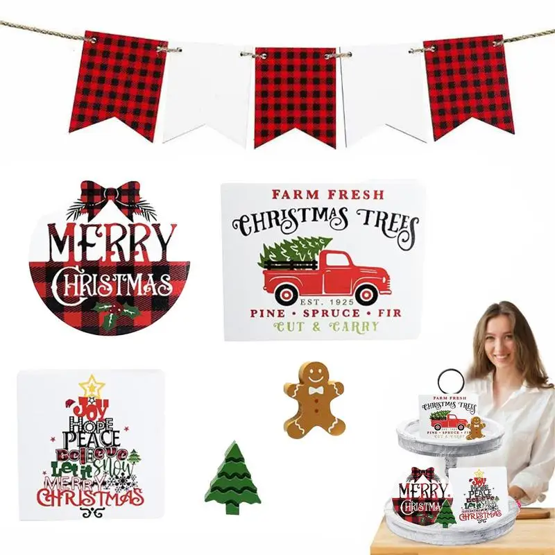 

Christmas Tiered Tray Decorations Set 5pcs Christmas Vacation Tiered Tray Decor Wood Tree Signs For Cupboard Fireplace Dining