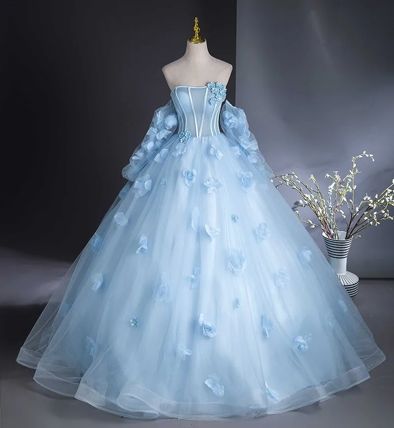 

Light Blue Detachable Long Sleeve Qinceanera Dress Satin Strapless Sweet Ball Gown Quinceanera Dresses Party Prom Dresses