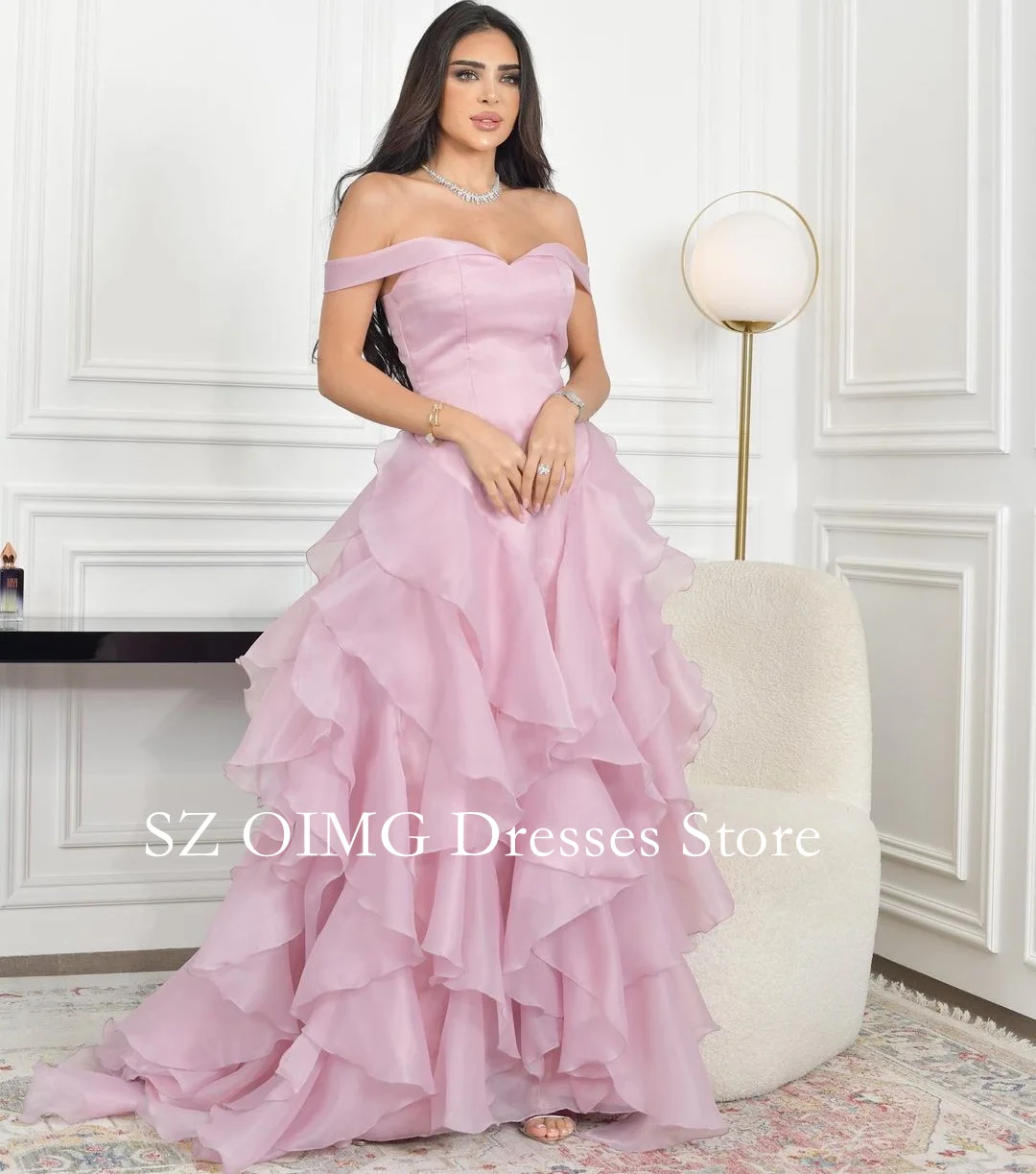 

OIMG Off Shoulder Women Vintage Fashion Floor Length Prom Dresses Pink Short Sleeves Evening Gowns 2024 Formal Party Dress