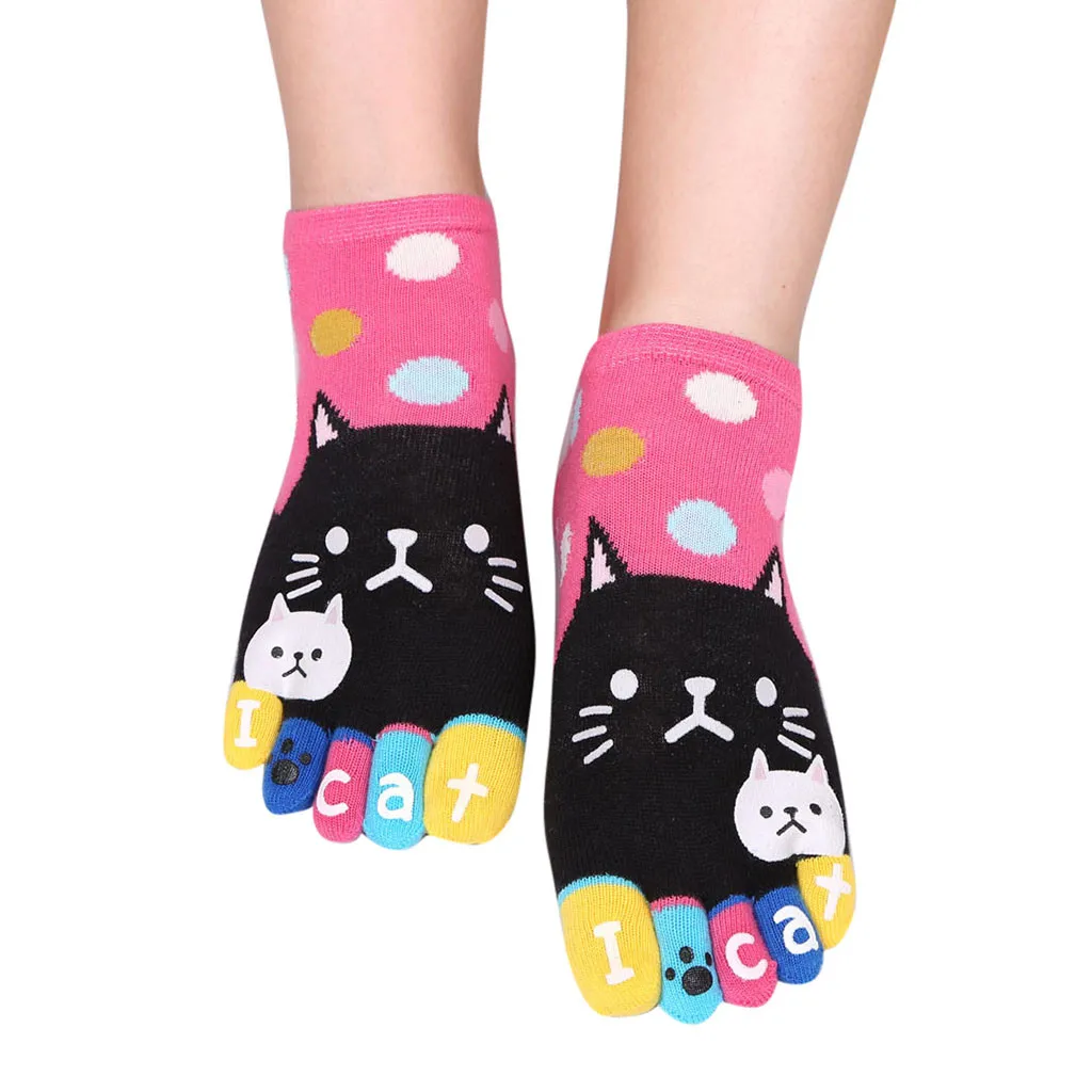 Women Socks Harajuku Letter Cute Cats Patchwork Dot Cotton Kawaii Funny Five Finger Socks For Girls Chrismas Gift Toe Calcetines