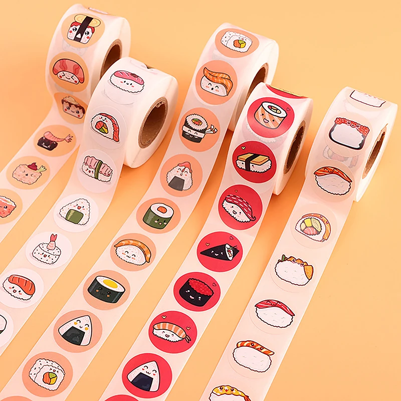 1Roll 2.5cm/1inch Circular Cartoon Sushi Pattern Sticker Birthday Wedding Decor Sticker Baked Dessert Lunch Box Label