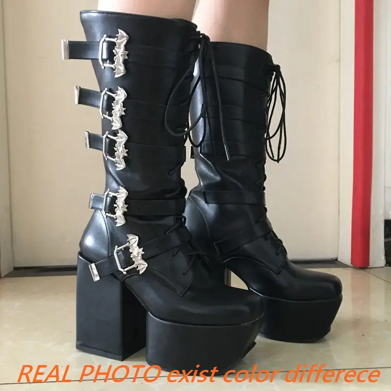 SIMLOVEYO Women Boots Square Toe Chunky High Heel 12cm Platform 5.5cm Zipper Lace Up Metal Buckles Punk Shoes Plus Size 46 47 48