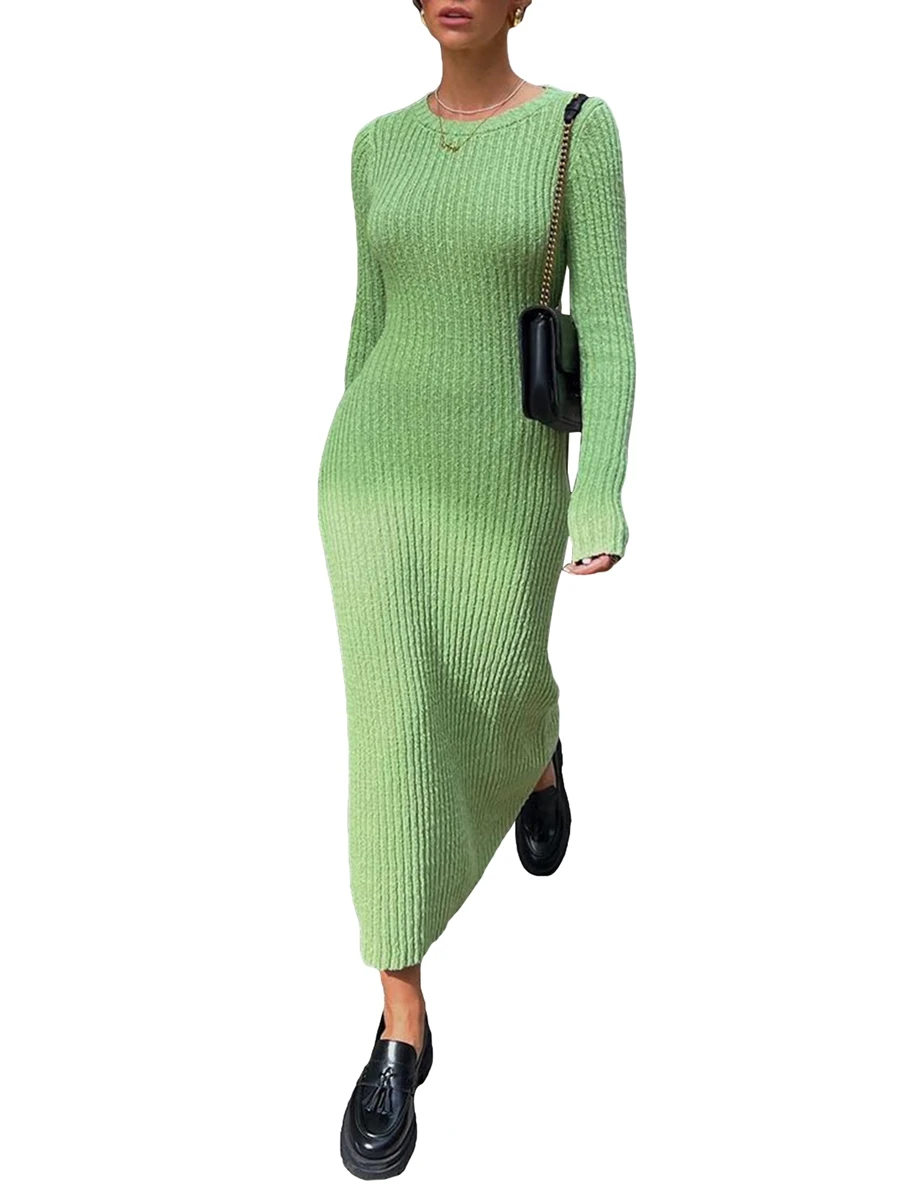 

Women Long Sleeve Knit Maxi Dress Crewneck Ribbed Ruched Bodycon Long Dress Slim Fit Y2K Sweater Dresses Streetwear