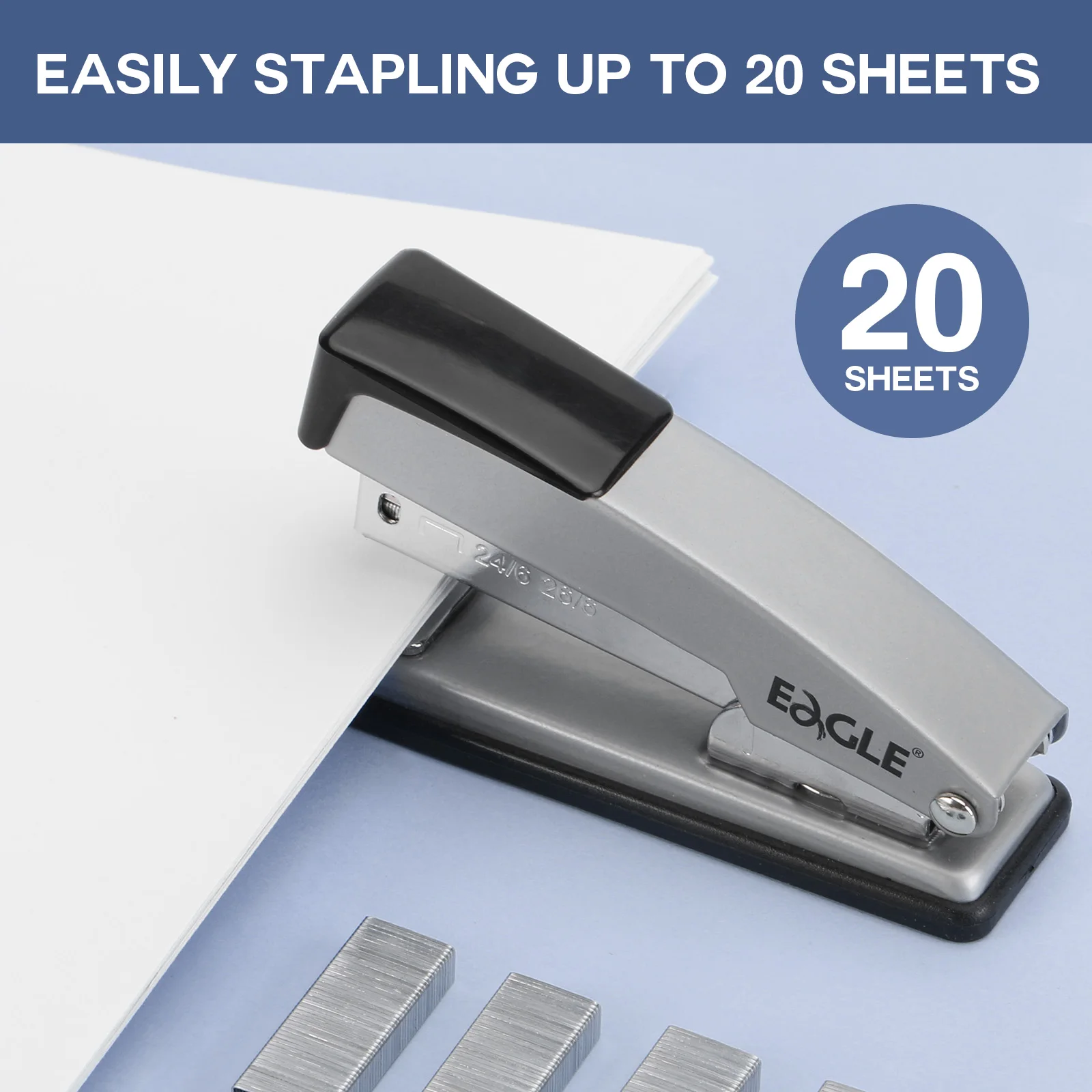 이글 메탈 스테이플러 20매 용량, 임시/영구 바인딩용 스테이플 1000개 포함, 미끄럼 방지 바닥이 있는 안티잼 기능
