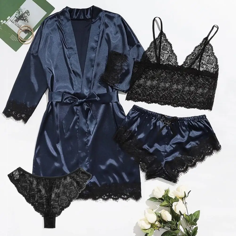 

Glossy Women Nightgown 4-piece Women's Nightwear Set Lace Strap Bra G-string Thong Glossy Faux Satin Shorts Belted Loose