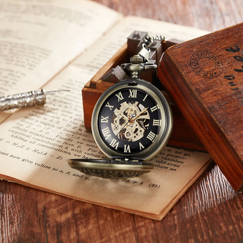 7 Patterned Vintage Mechanical Old Clock Man Pocket Watch with Chain Steampunk Skeleton Watches for Man Chinese Factory Pendant