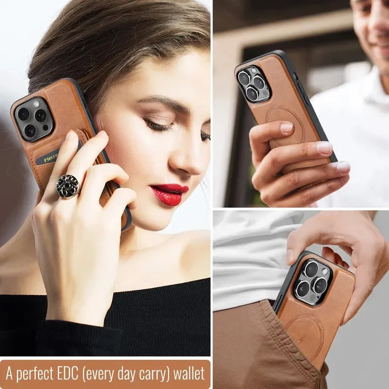Magnetic Detachable Leather Wallet Phone Stand with Wireless Charging Compatibility