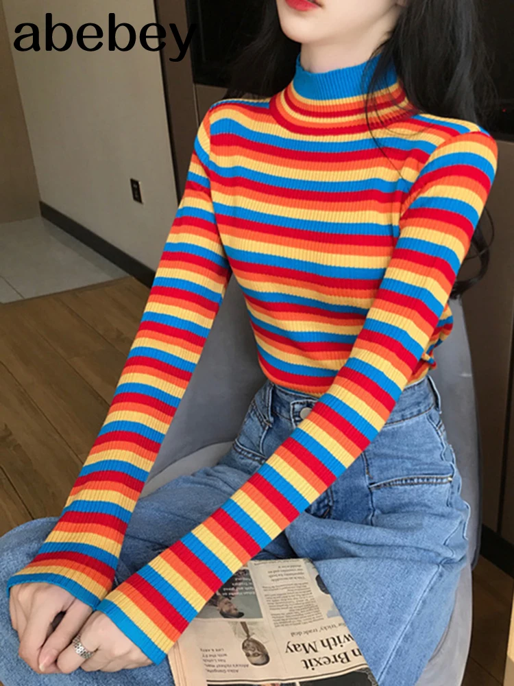 Winter Rainbow Knitted Women Sweaters And Long Sleeve Casual O-Neck  Pullovers Sueter Mujer Tops Striped Turtleneck Jumper - AliExpress
