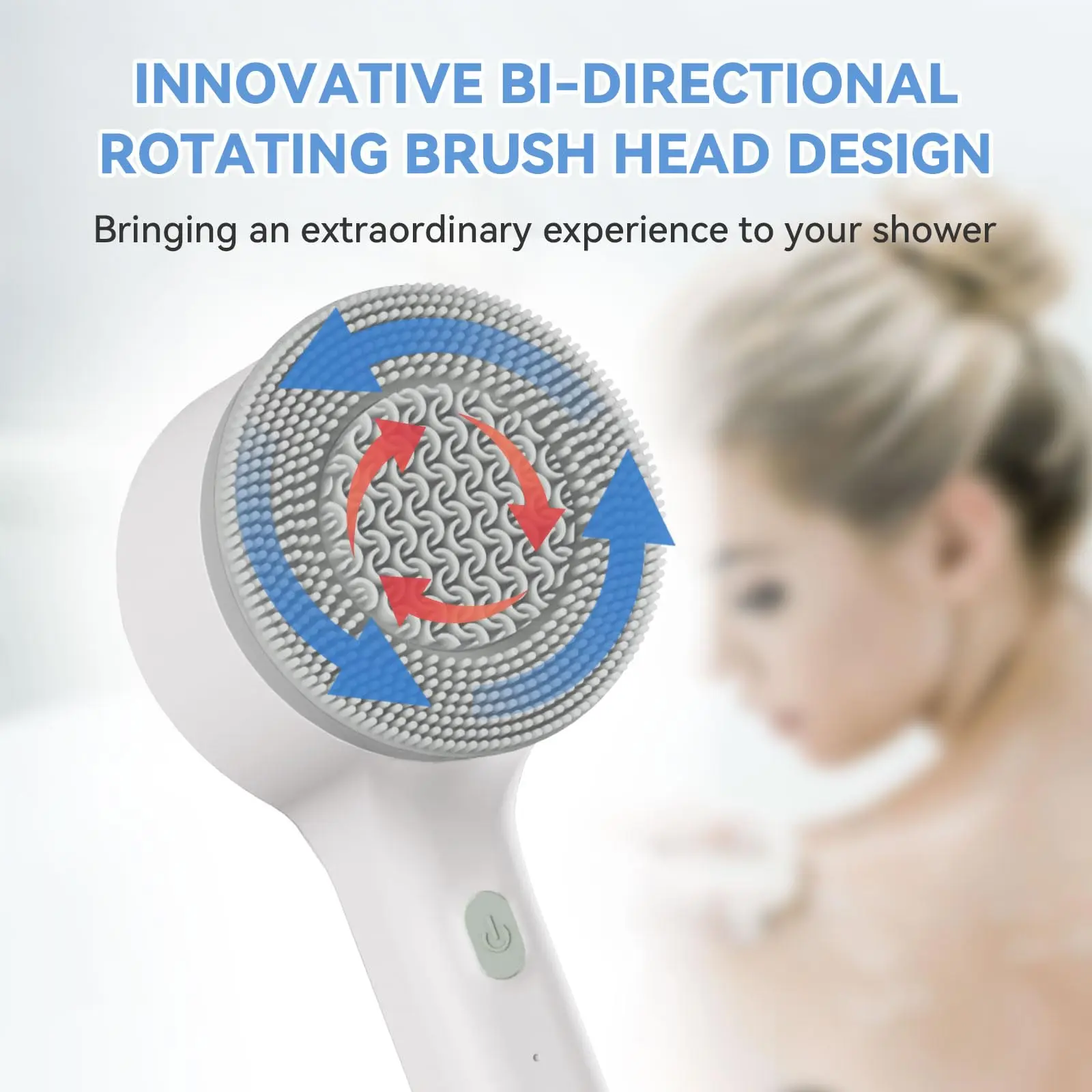 Electric Body Brush Rechargeable Silicone Scrubber Back Brush with Long Handle and 3 Spin Heads Suitable