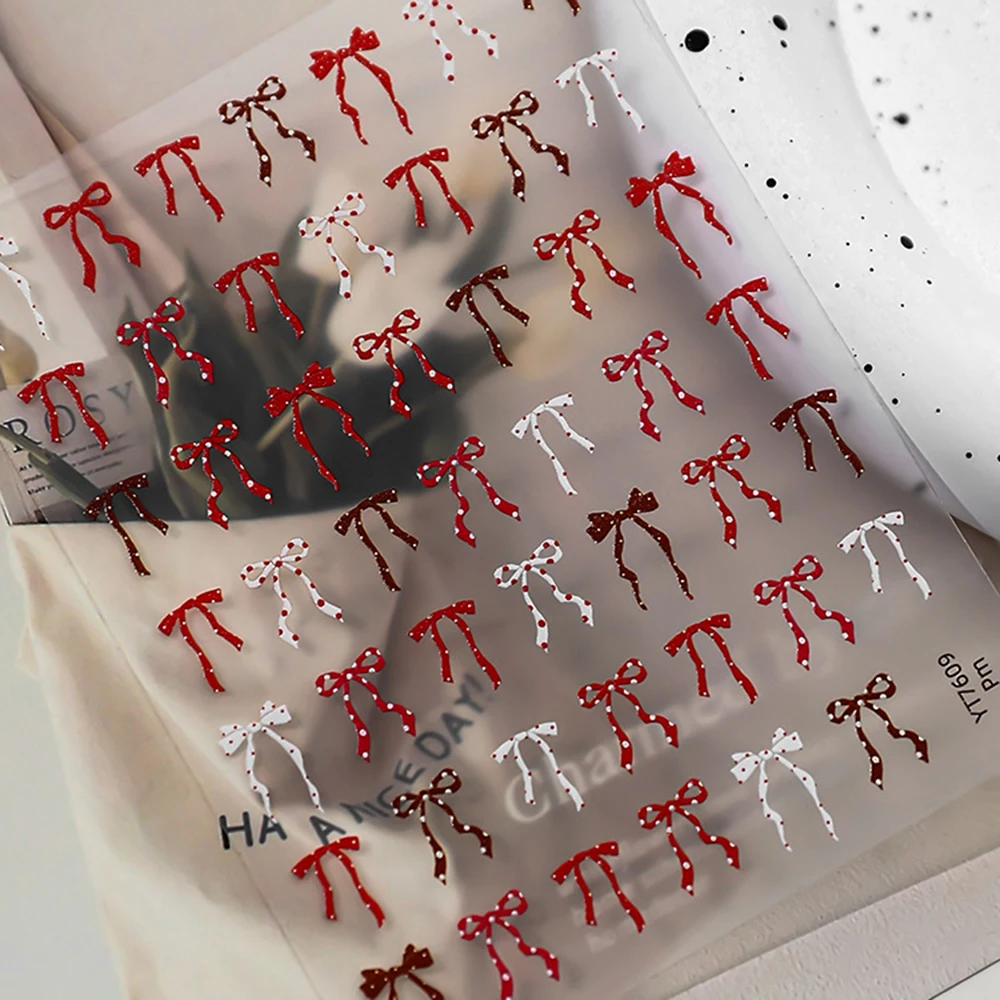 폴카 도트 보우 네일 스티커 DIY 매니큐어 슬라이더용 3D 자체 접착 리본 데칼