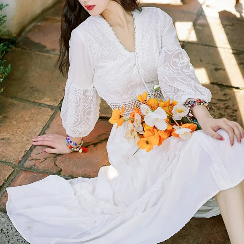 Bohemian White Beach Dress Women Elegant Party Dresses Spring Auutm V-neck Sexy Hollow Out High Waist Long Robe Vestidos
