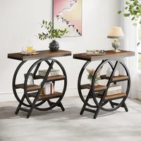 End Table Set of 2, 3-Tier Narrow Sofa Side Table with Storage for Living Room, Wood End Table with Geometric Metal Frame, Indu 1