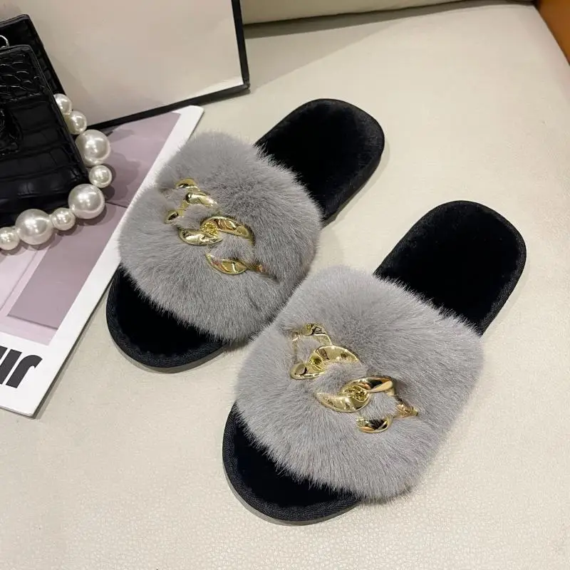 Fluffy Slippers Home Women Casual Chain Designer Shoes Ladies Autumn Winter Indoor Plush Slides Girls Fashion Elegant Footwear 4