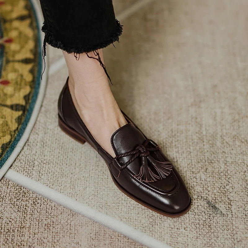 Womens Brown Loafers Tassels | Womens Square Loafers Brown - Style ...