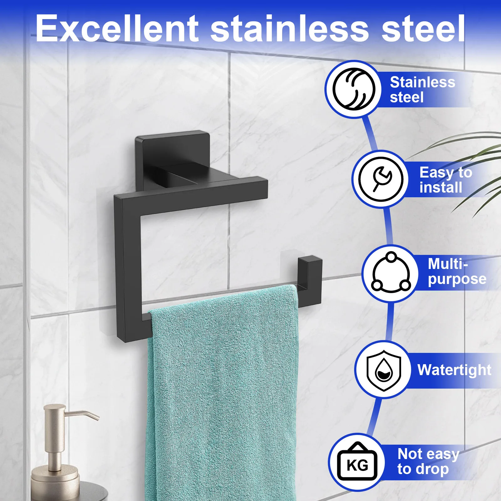 Stainless Steel Towel Holder Matte Black Square Paper Roll and Hand Towel Ring with Screw Accessories for Home Bathroom Kitchen