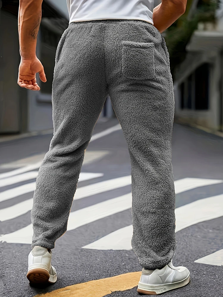 빈티지 퍼리 코지 플리스 스웨트팬츠 남성용 가을 겨울 데일리 캐주얼 솔리드 컬러 플리스 남성 바지 패션 드로스트링 팬츠