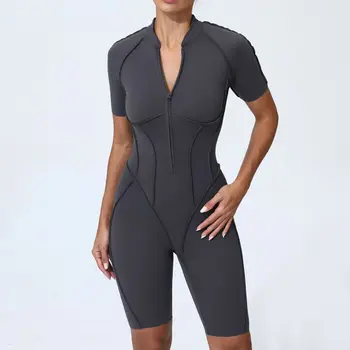 Women Yoga Boilersuit Outdoor Sports Suit Fitness Short Sleeve Zipper Suit Gym Push Up Sports Clothing Stretch TrainingSuits Set 1