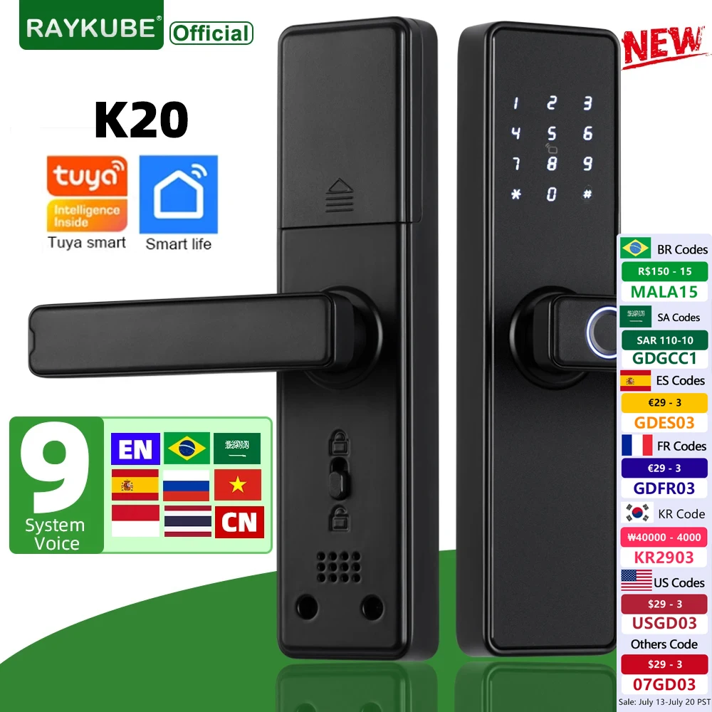 

2024 NEW RAYKUBE K20 9-language Biometric Fingerprint Door Lock Electronic Door Lock with Tuya APP/IC Card/Password/ Key Unlock