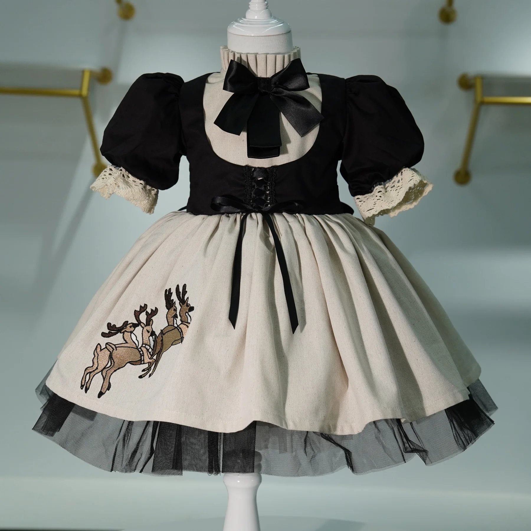 0-12Y طفلة الصيف الأسود الغزلان التطريز التركية خمر فستان الأميرة لعيد ميلاد عطلة عيد الفصح التصوير عيد C105