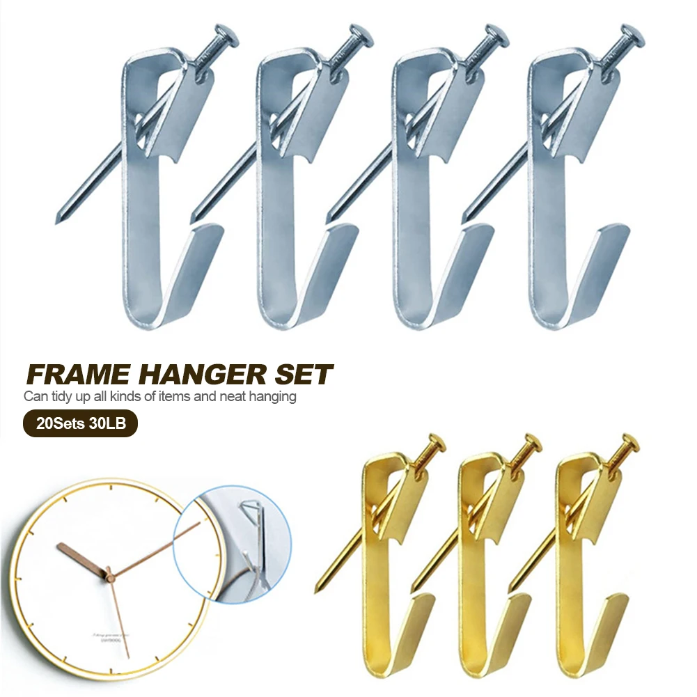 30Sets 20LB Golden Heavy Duty Picture Hangers with Nails Photo Frame Hooks Drywall Oil Painting Mirror Picture Hanging Hook