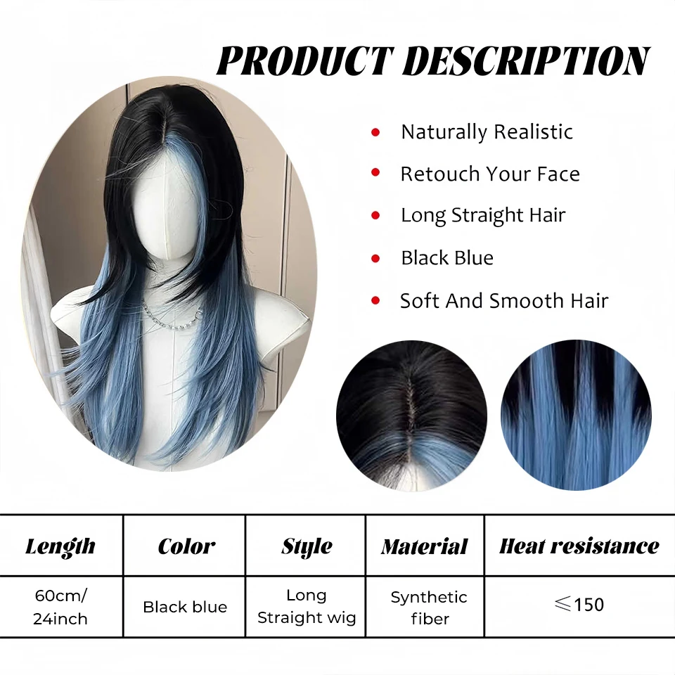 Synthetic Blue Black Straight Wig with Bangs for Women Cosplay