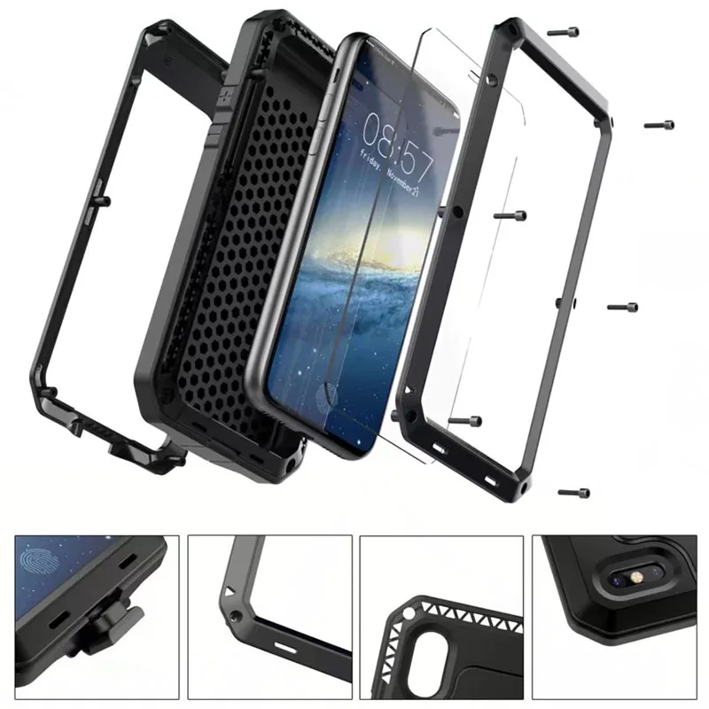 Luxury waterproof Doom Armor Shock Metal Aluminum Case for iPhone 15 14 13 12 8 7 Plus X 11 Pro XS Max XR Silicone Rugged Cover
