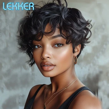 Lekker Short Curly Bob Left Side Part Lace 100% Human Hair Wigs For Women Glueless Brazilian Remy Hair Natural Dark Pixie Wigs