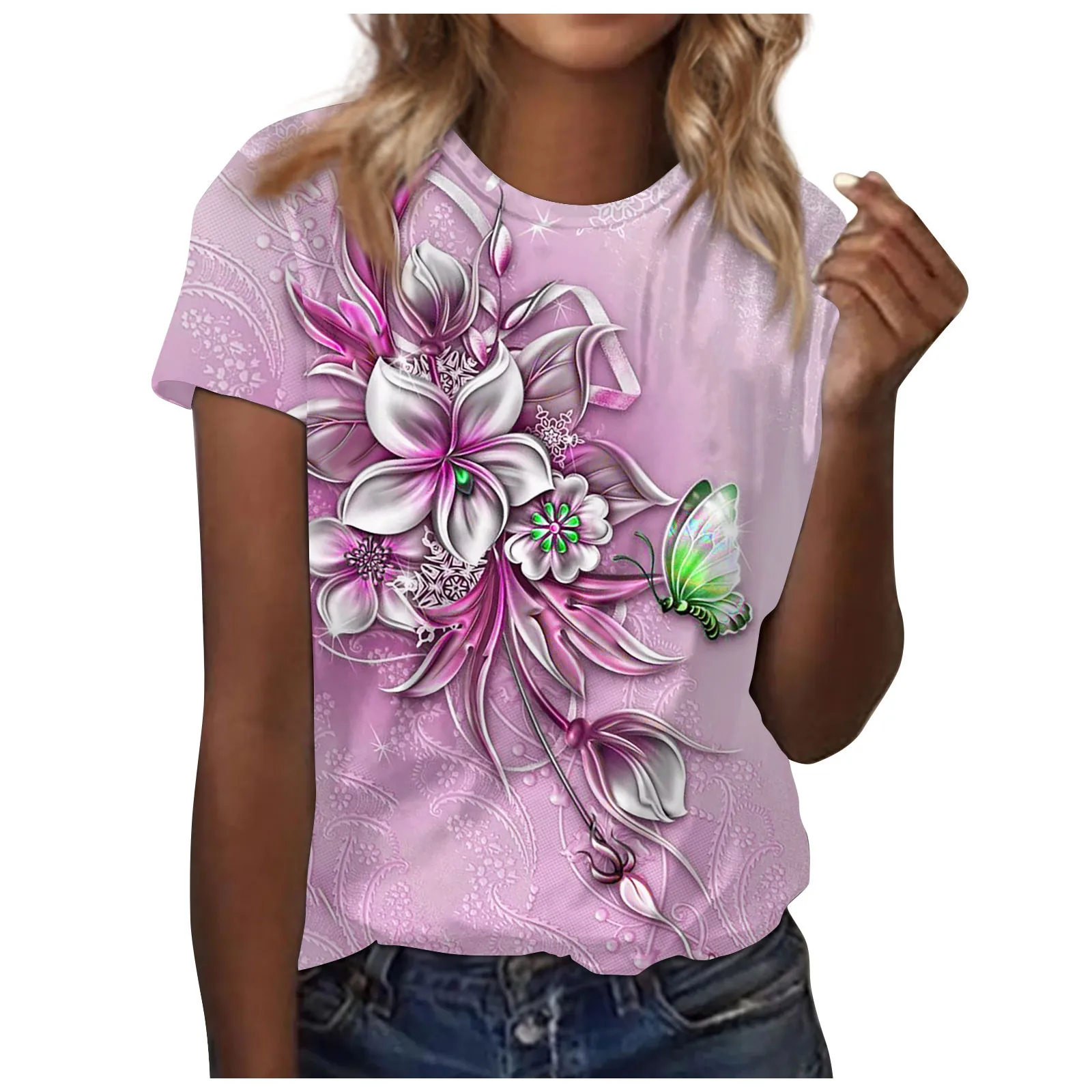 

2024 Tops For Woman Fashion Casual Short Sleeve Printed Round Neck Loose Pullover Top 2024 Pullover Women'S Short Sleeve Shirt