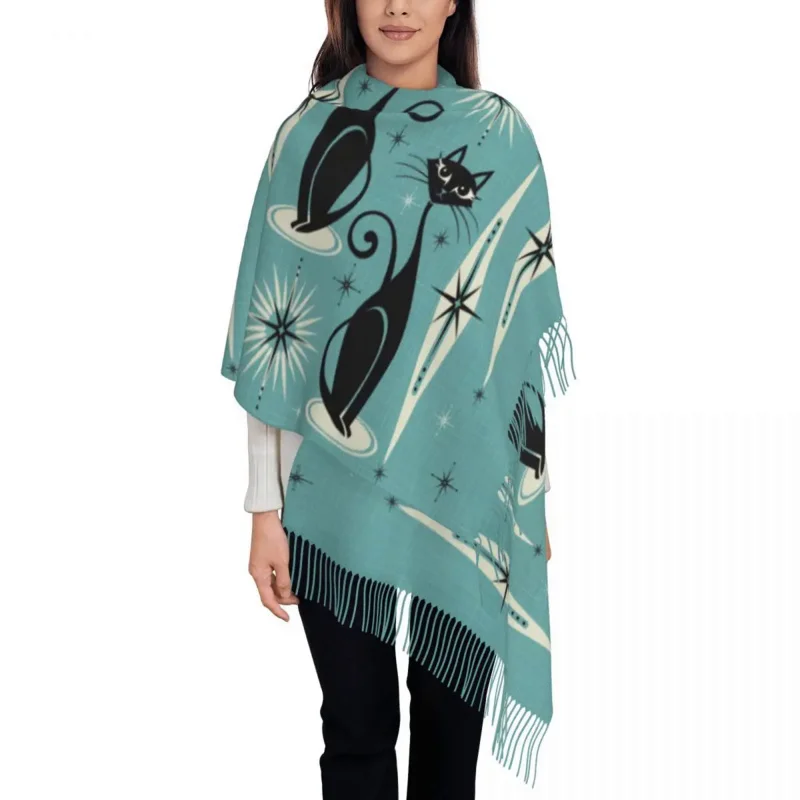 

Ladies Large Black Cat Scarves Women Winter Fall Thick Warm Tassel Shawl Wrap Mid Century Kitty Meow On Blue Large Scale Scarf