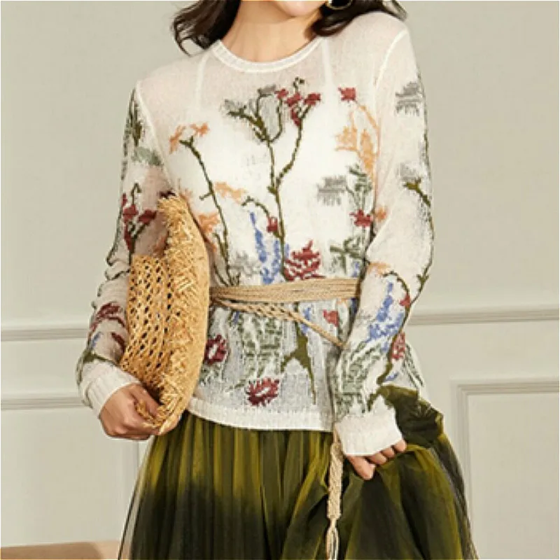 

TEELYNN Long Sleeve Thin See Through Sweater Women Floral Jacquard Knitted Pullovers Tops Autumn 2022 Vintage Jumper Sweaters