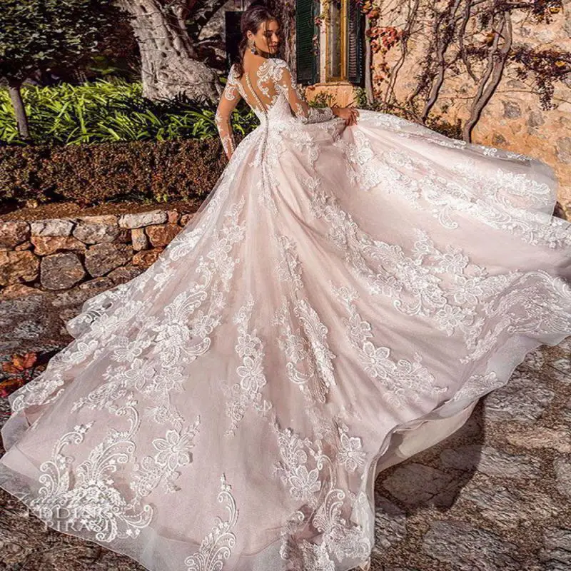 2024 Long Sleeve Lace Applique Wedding Dress Princess Ball Gown Wedding Gowns New Sweep Train Vestidos De Novia Customized 4