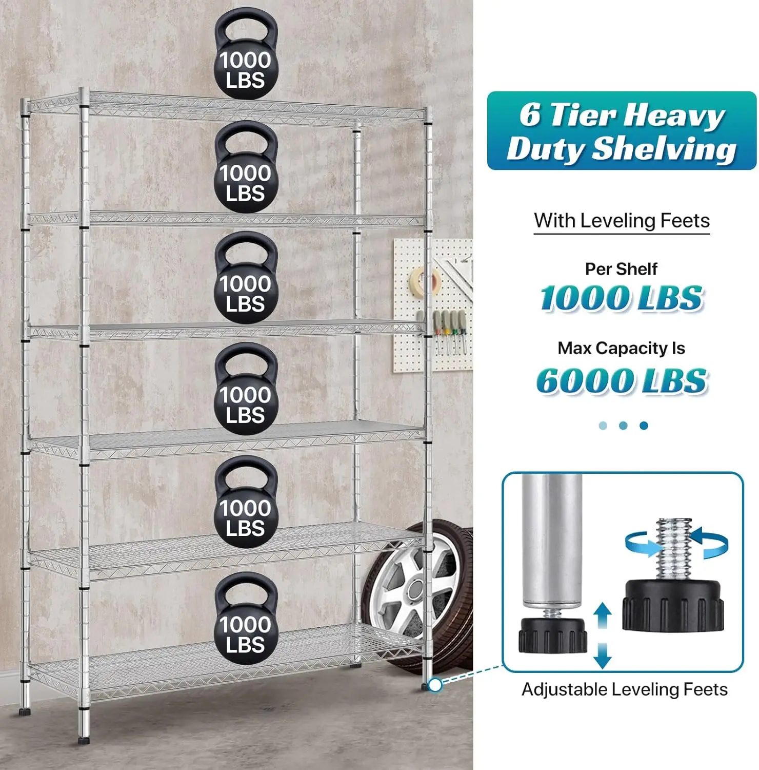 Storage Shelves Metal Wire Shelving Unit with Wheels, 6000LBS Weight Capacity Heavy Duty NSF Height Adjustable Garage She 4