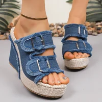 Blue Denim Wedge Heel Sandals for Women Summer Fashion Double Buckle Chunky Platform Sandals Woman Gothic Thick Bottom Slippers