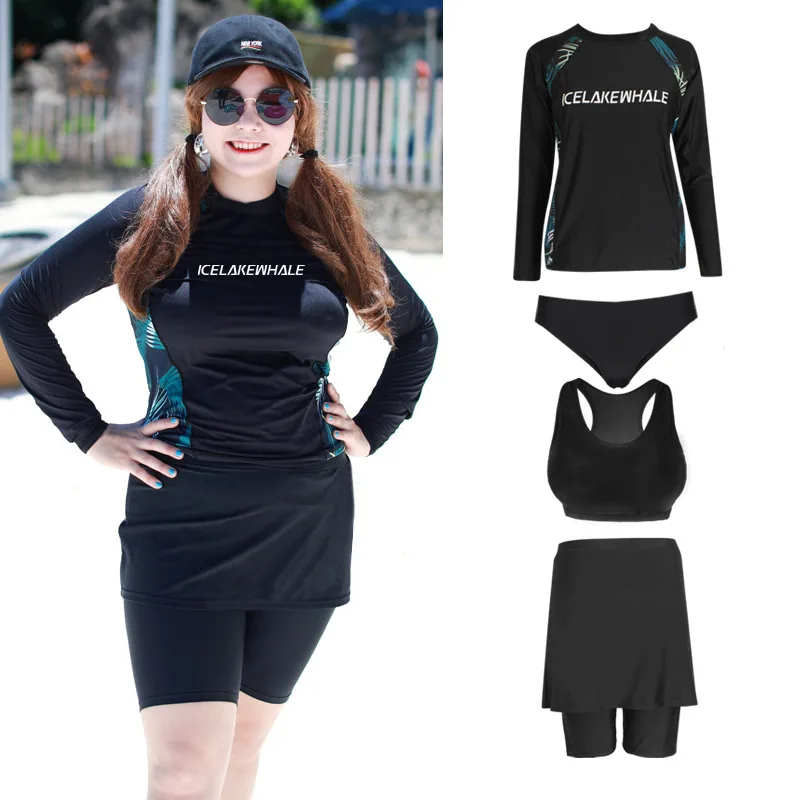 

Plus Size Rash Guard Shirt for Women Long Sleeve UV Sun Protection Swimwear Swim Tops+Bottoms 4pcs/set Beachwear Rashguards