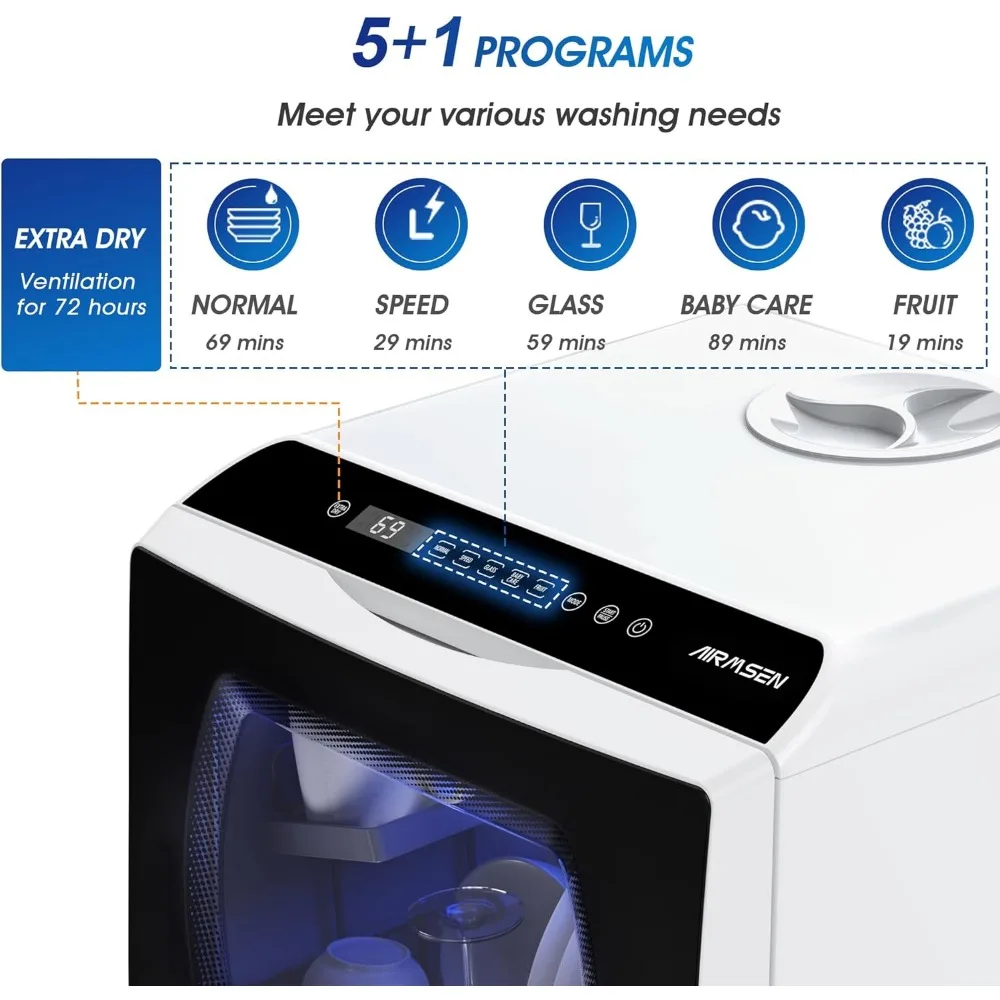 AE-TDQR03 Portable Countertop Dishwasher, Compact Mini Dish Washer with 5-Liter Built-in Water Tank and Air-Dry Function